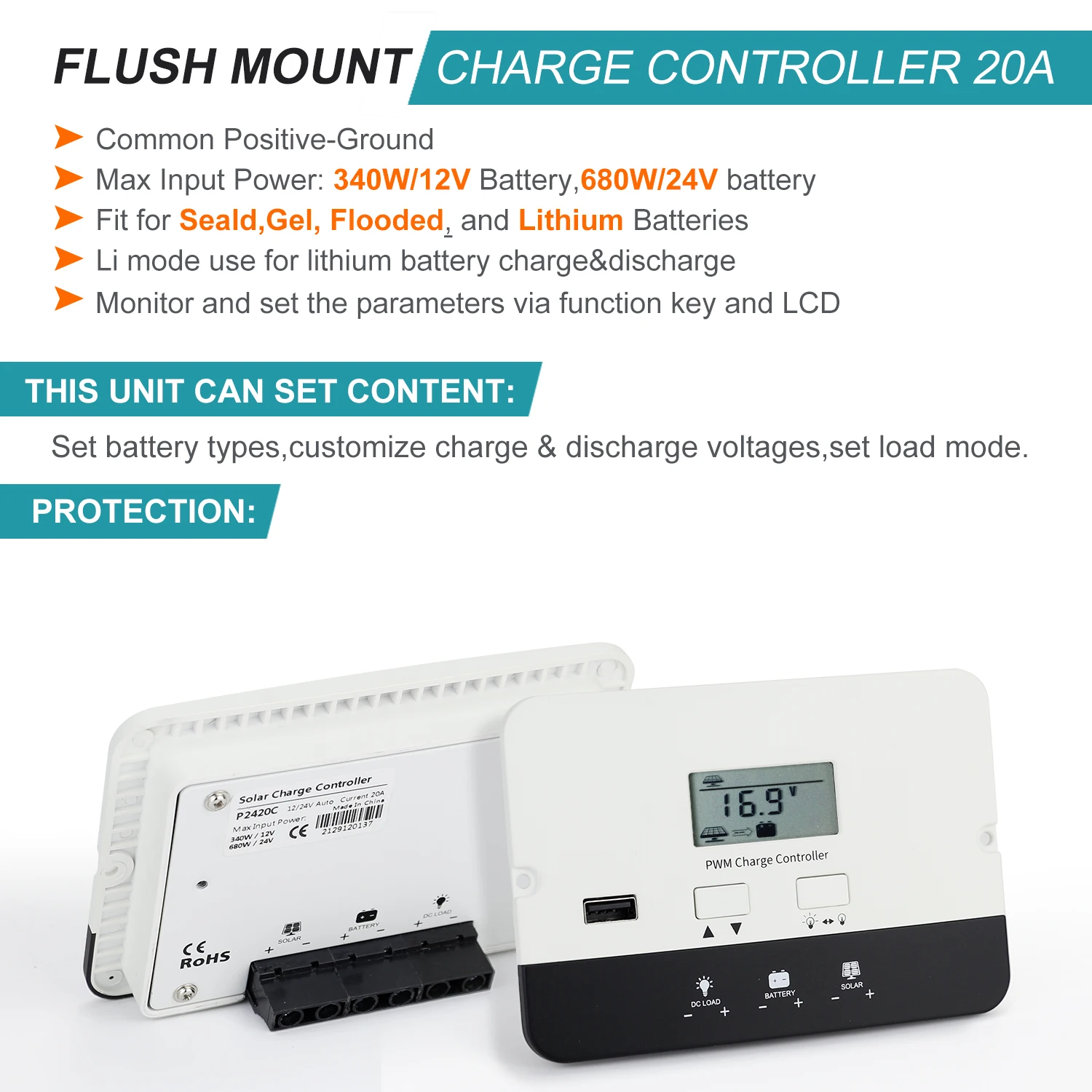 PowMr PWM Solar Charge Controller 20A Flush Mount Panel Battery Intelligent Regulator Auto 12/24V LCD Displa with USB Port | Обустройство
