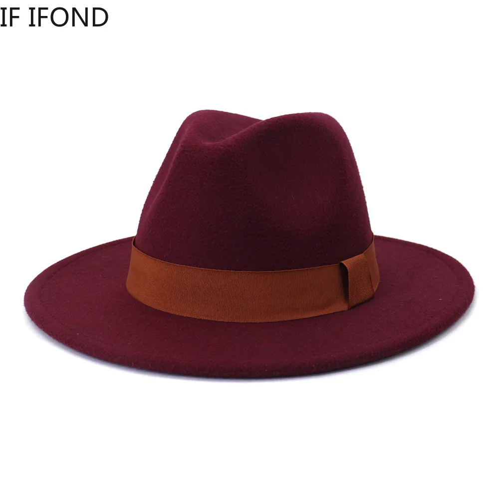

British Women Men Wool Fedora Hat with Ribbon 2021 Winter Autumn Wide Brim Church Panama Sombrero Cap Formal Dress Hat