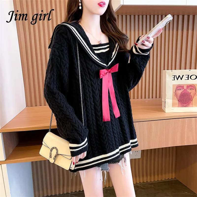 

Vintage Long Sweaters For Women 2021 Autumn Winter Japanese Sweet Bow Navy Collar Lolita Sweater Casual Preppy Oversized Jumper
