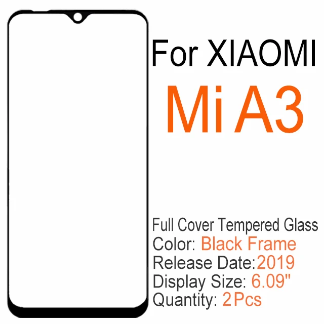Mi A3 2 шт полное покрытие закаленное стекло для Xiaomi mi 8 9 SE 8X 9X 6X A2 A3 Lite 9T pro 9H Защита экрана для Xiao mi cc 9 9E Play glass - Цвет: Mi A3