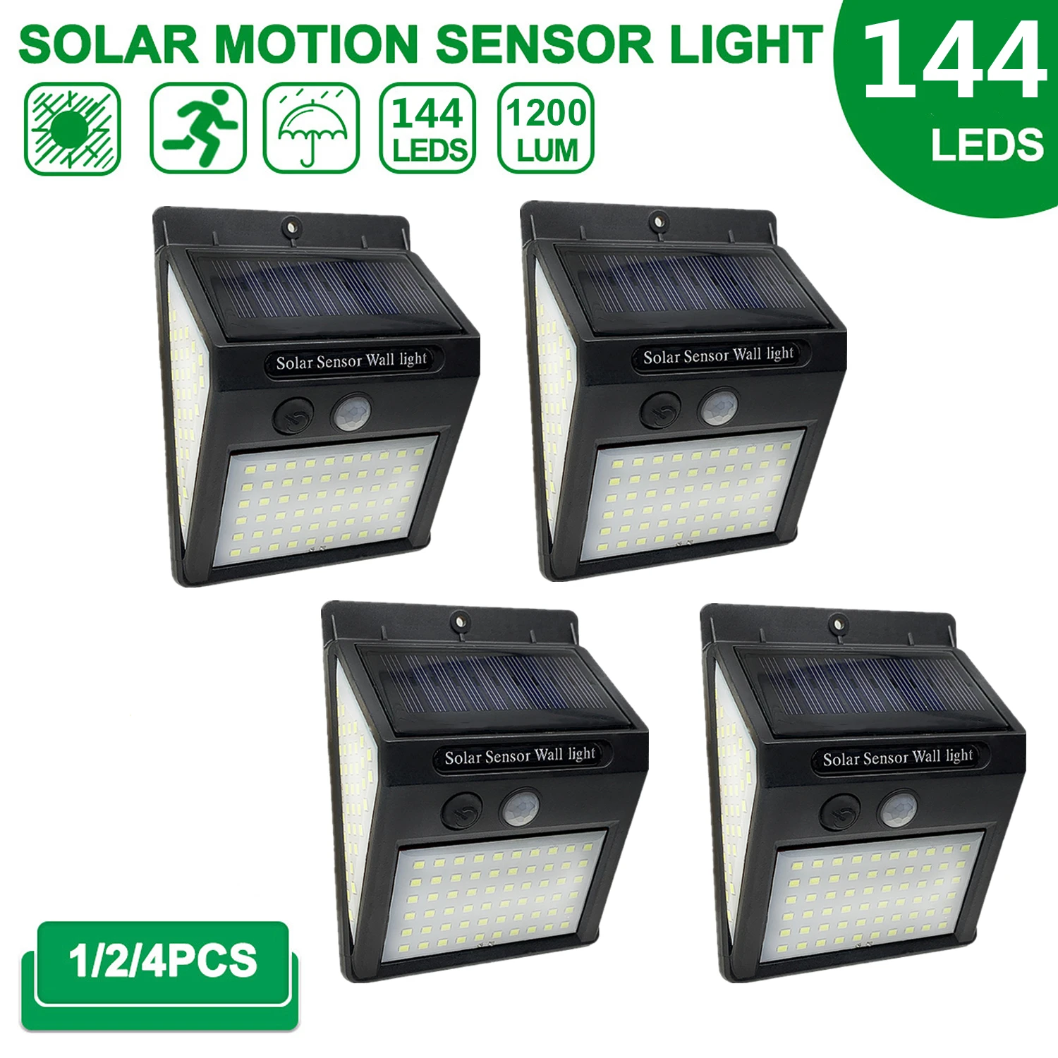 

Уличная лампа на солнечной батарее с датчиком движения, 144, 100 светодиодов