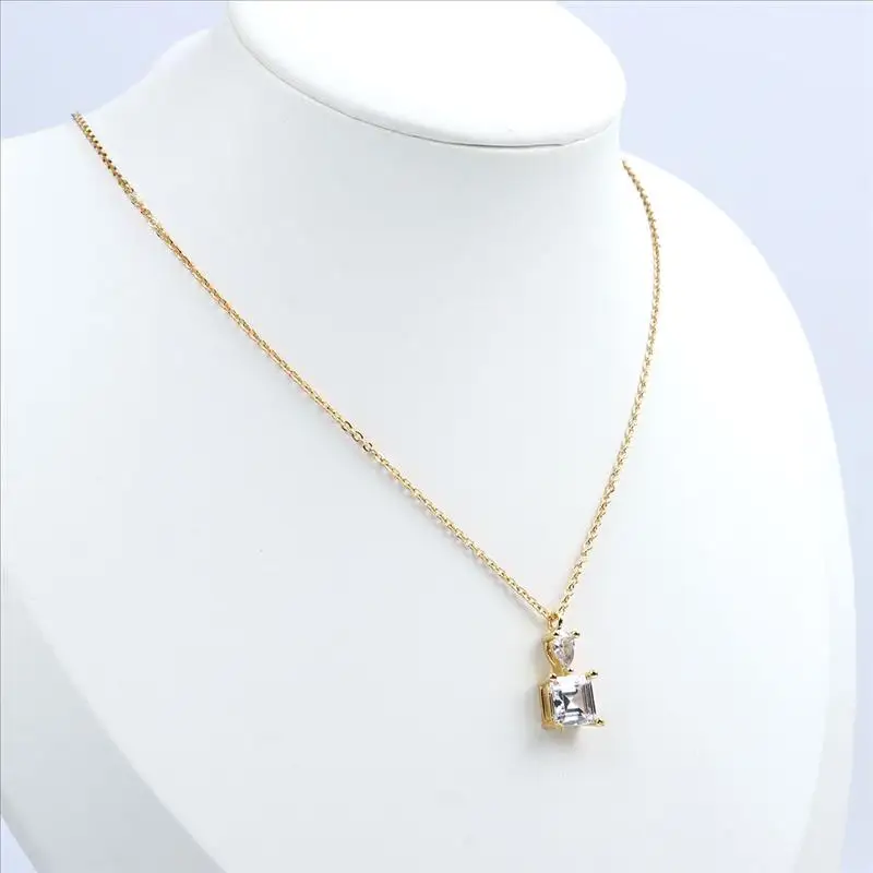 

New Stainless Steel,Copper & Glass Necklace Gold Color Square Drop Pendant Clear Rhinestone Women Jewelry Gift 45cm Long, 1 PC
