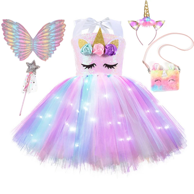 Детвечерние костюм единорога со светящимися блестками радужными светодиодными