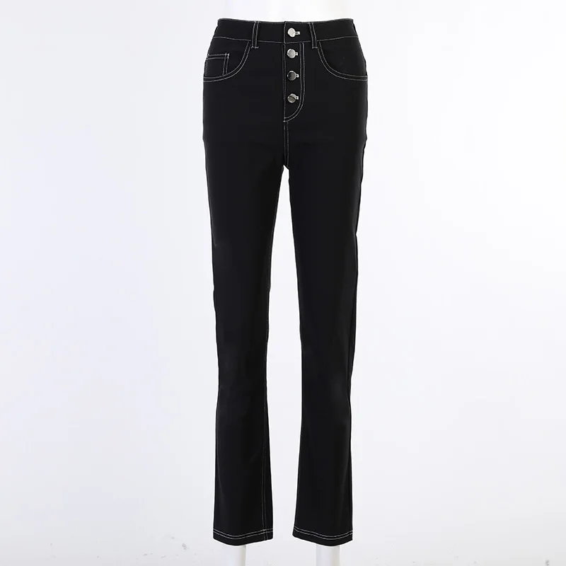 

InstaHot Casual Women Jeans Pencil Pant Streetwear Slim High Waist Button Elegant Office Lady Skinny Denim Trousers Autumn