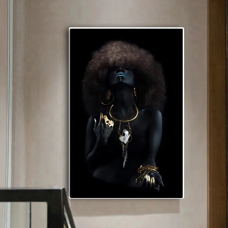 

Fluffy Hair African Black Women Golden Finger Oil Painting on Canvas Cuadros Posters and Prints Wall Picture for Living Room