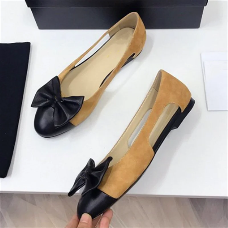 

prowow Bowknot Shoes Splicing Flat Shoes Side Cutout Single Layer Shoes Mixed Color Brogue Shoes Shallow Mouth Shoes