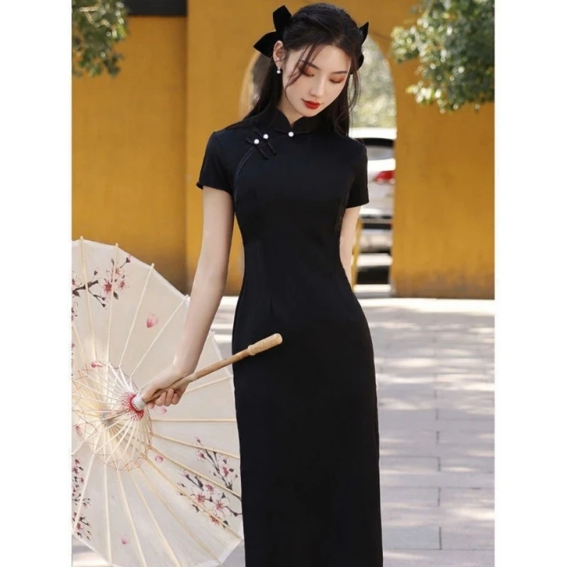 Chinese Dress Qipao Modern Women Black Slim Long Cheongsam Traditional Harajuku Hanfu Robe Orientale Vintage Vestido Chino Mujer images - 6