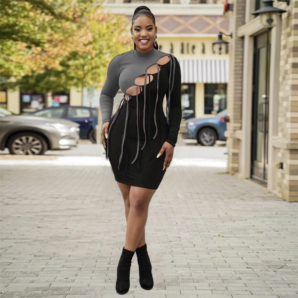 

Autumn New 2021 Womens Dress African Fashion Temperament Lacing Splicing Color Contrast Hollow Out Long Sleeve Pullover Women