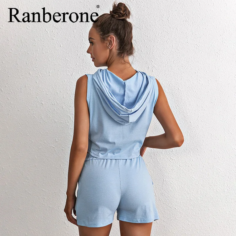 Ranberone 2 Piece Set Women Hooded Sleeveless Vest Pocket Shorts Tracksuit Gym Set Workout Sportswear Workout Fitness Clothes