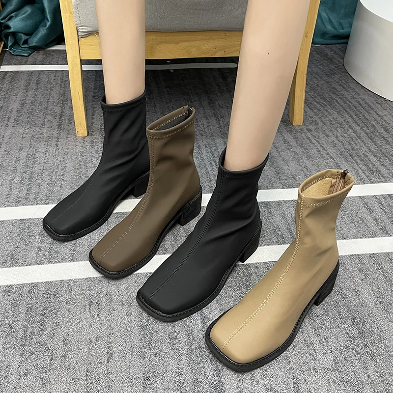 

Женские ботинки на молнии, черные однотонные ботильоны из искусственной кожи на среднем каблуке, с квадратным носком, осень 2021