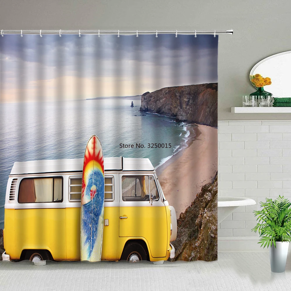 

Car Travel Swim Ring Surfboard Camper White Shower Curtain Set Waterproof Polyester Bathroom Curtains Fabric For Bathtub Decor