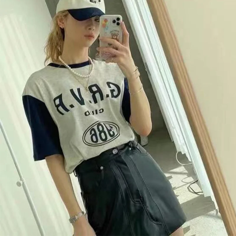 

2021 Summer Women Cotton Luxury T-Shirt Slim GR Short Design O-Neck Letter Short Sleeve High Quality Top