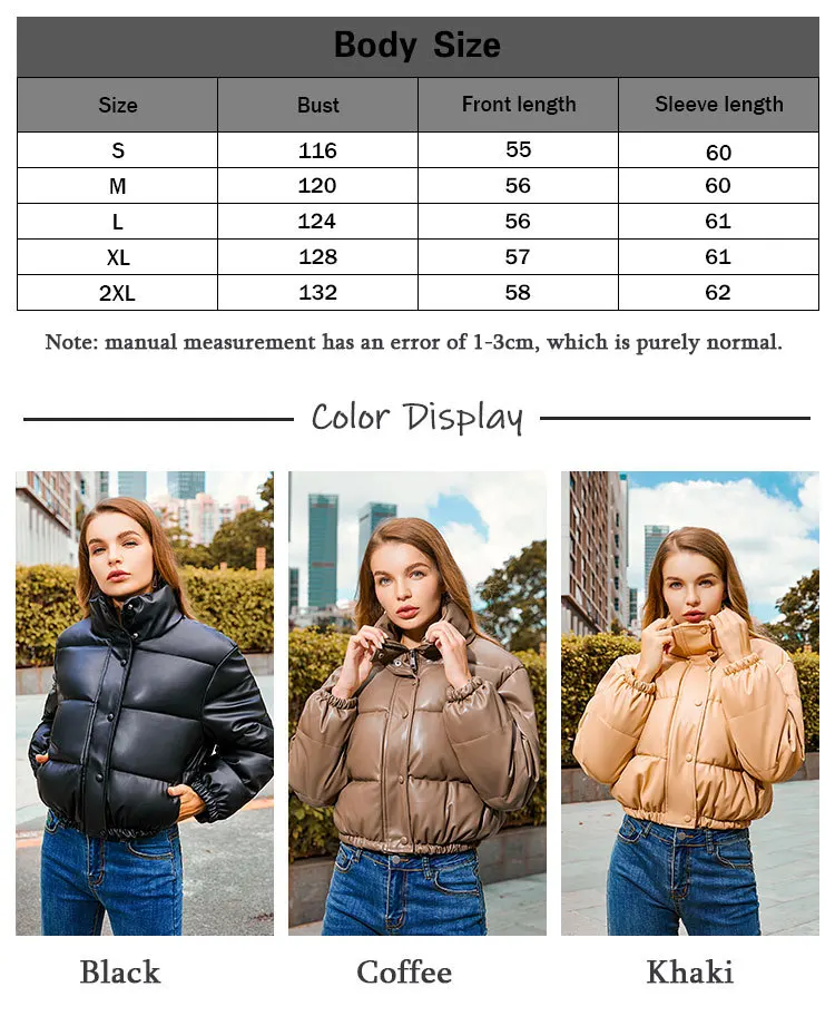 2021 Autumn Winter Stand-up Collar Short Warm Bread Cotton-padded Jacket Fashion Shiny Leather Bubble Jacket Women Streetwear