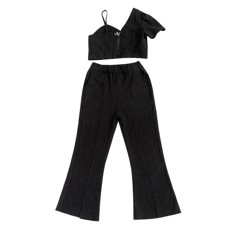 

Fashion fried street small suit girl 2021 summer new suspender top with slit high waist wide leg pants two-piece suit