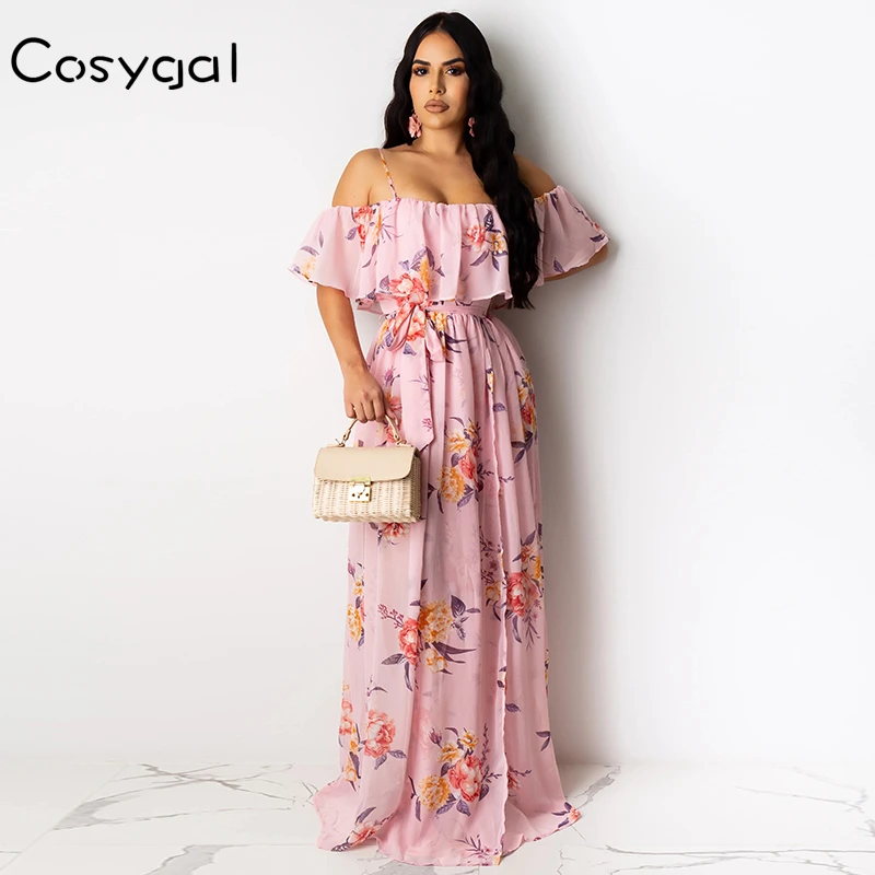 COSYGAL элегантное розовое платье с цветочным принтом женские длинные платья