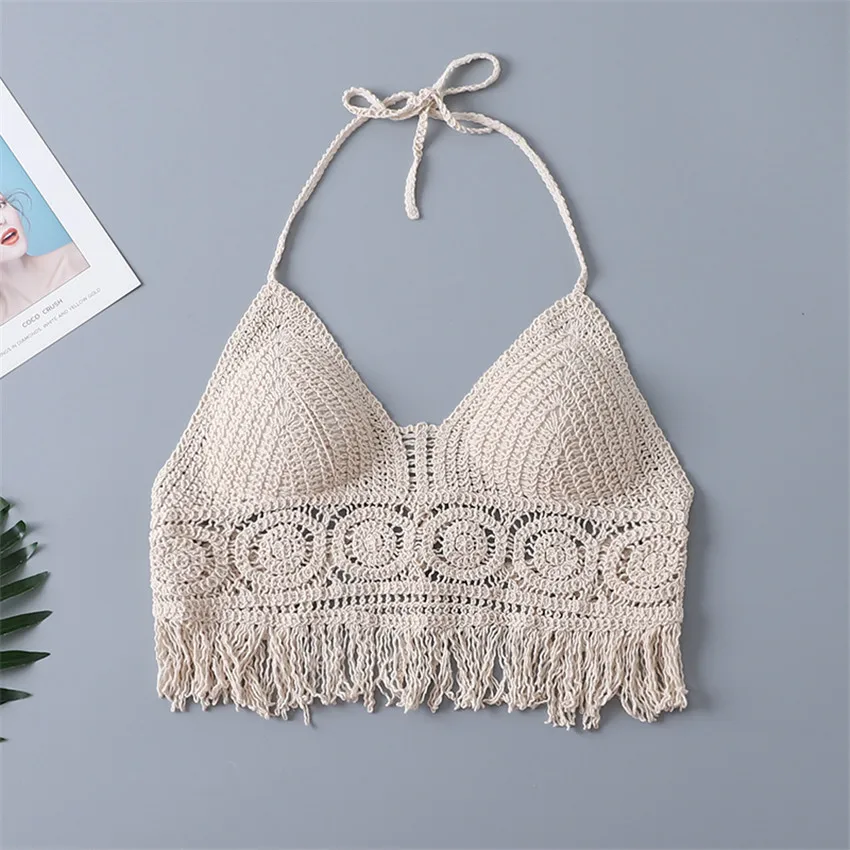 

2022 Women Summer Beach Boho Clothing Crochet Hollow Out Camis Tank Tops With Tassel Camisoles Bikini Bralette Halter Cami Knit