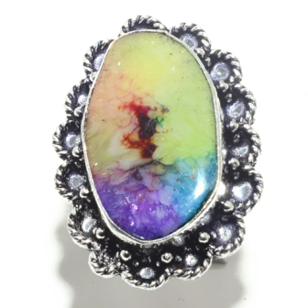 

Nature Rainbow Solar Quartz Ring Silver Overlay over Copper , Hand Made Women Jewelry gift, USA Size: 8.75