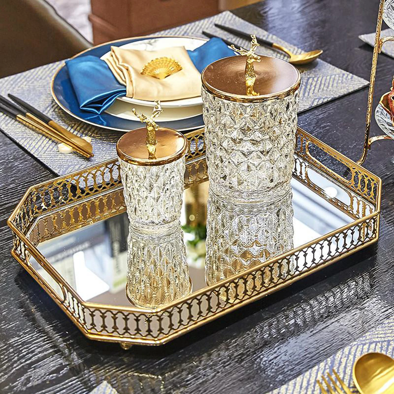 

Vintage European Colorful Glass Metal Storage Tray Gold Plate Desktop Small Items Jewelry Display Tray Mirror