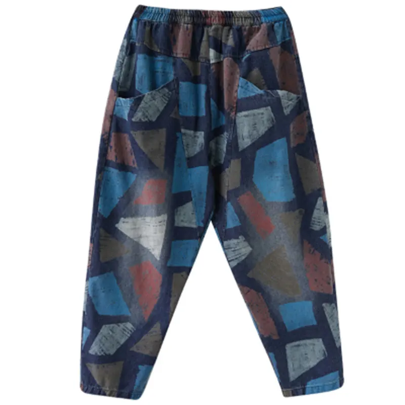 

2020 Autumn New Arts Style Women Elastic Waist Loose Casual Vintage Jeans Plus Size Plaid Print Cotton Denim Harem Pants M635