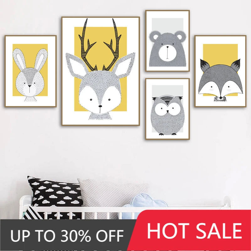 Рождественская Картина на холсте желтый медведь лиса олень сова кролик Детская