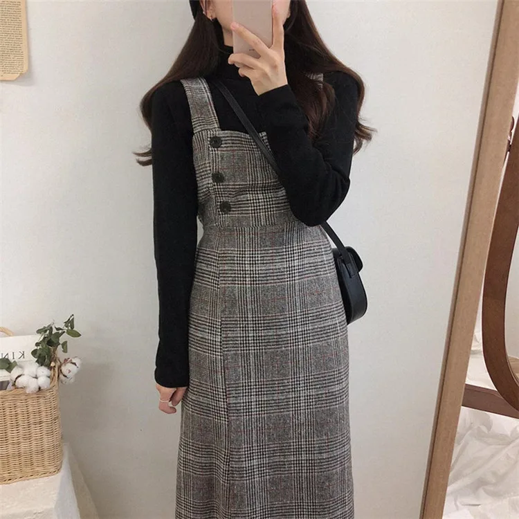 

2021 New Spring Autumn Women Dress High Waist Plaid Vest Woolen Sleeveless Vintage Buttons Lace Up Bow Slit Casual Dress DR220