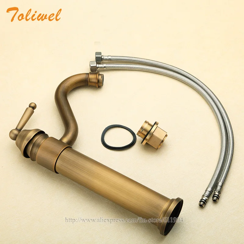 

Antique Brass Bathroom Faucet Lavatory Vessel Sink Basin faucets Mixer Tap Swivel Spout Cold Hot Water taps Single Handle