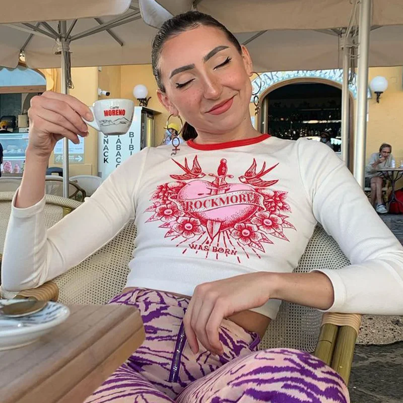 

impresso colheita topo estética manga longa t camisa o pescoço pullovers retro bonito tshirt harajuku feminino outono inverno