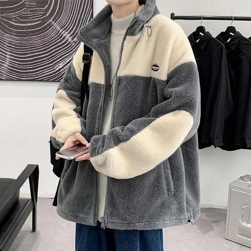 

EBAIHUI Winter Jacket Men Contrast Color Zipper Stand Collar Patchwork Imitation Lambswool Casual Korean Fashion Padded Coat