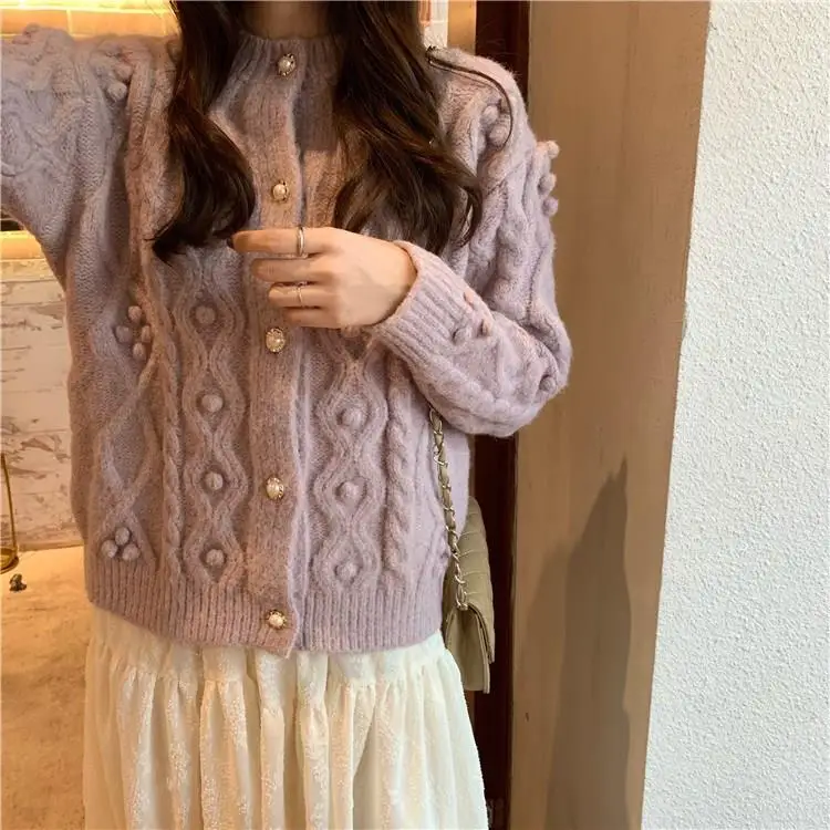 Women Twist Ball Thick Knit Cardigan Cardigans Autumn Preppy Style Beading Pearl Knitwear Sweater |