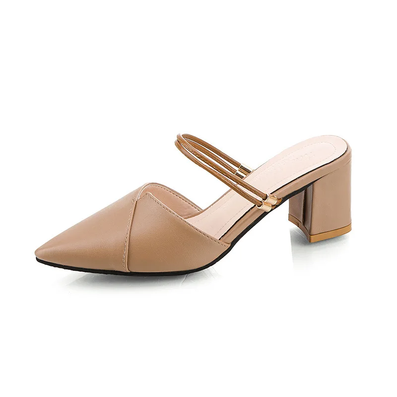 

Female Shoes Low Ladies' Slippers Pointed Toe Women Heels Square heel 2021 High Soft Summer Block Cover Rome Slides Fabric PU Ru