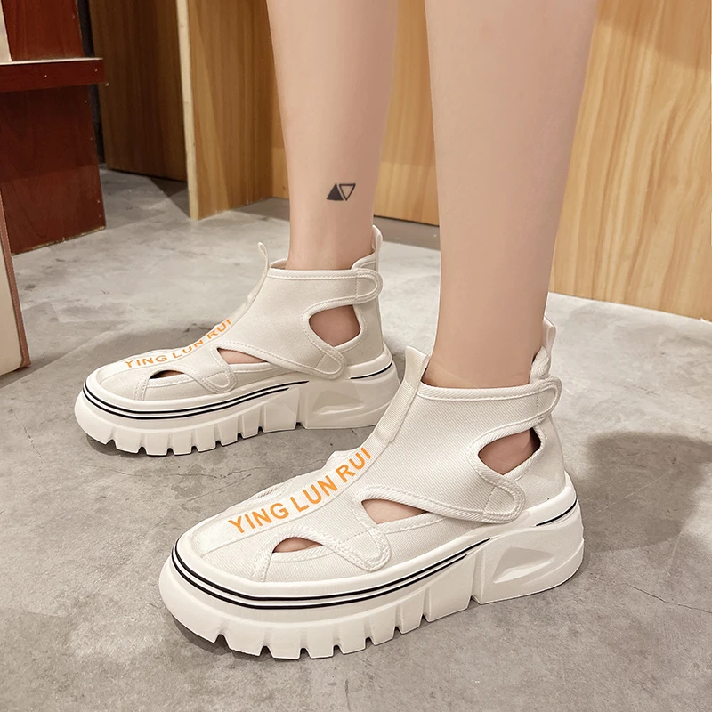 

2021 newest Summer Sandals Women Velcro Platform Thick Sole Increased Roman Sandals Female Hollow Breathable Casual Beach Shoes