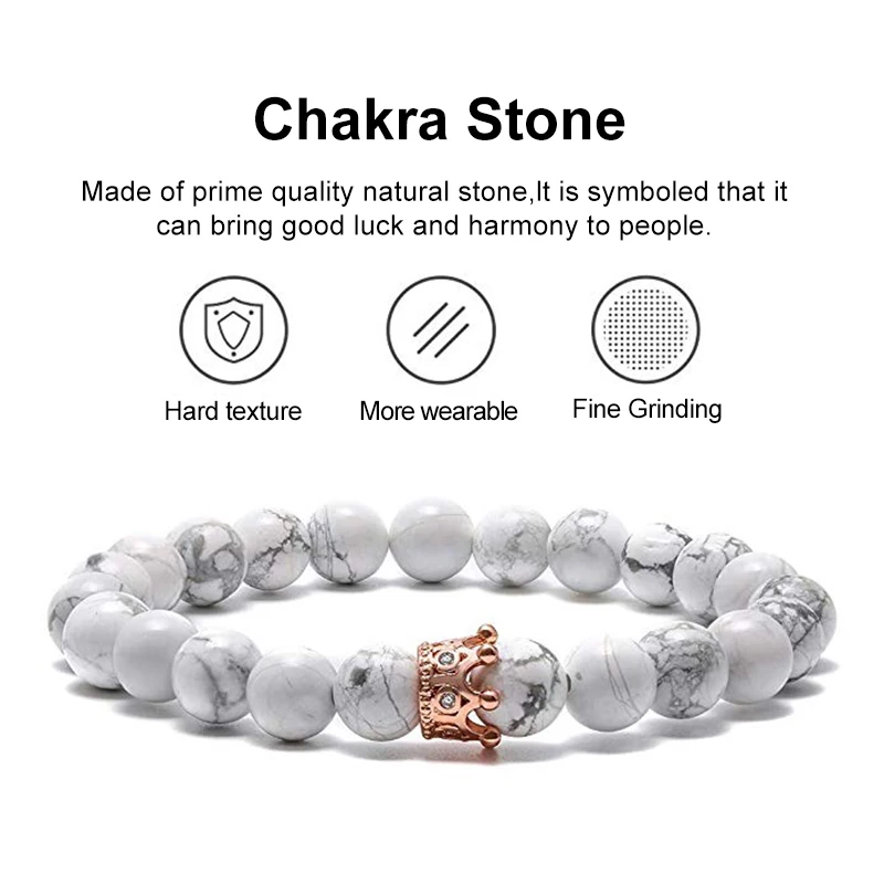Король и королева Корона расстояние Пара Браслеты матовые Агаты Белый Howlite CZ 8 мм