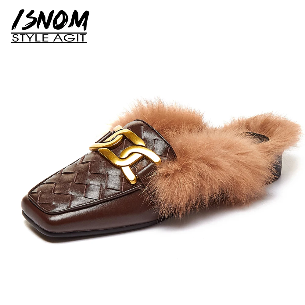 

ISNOM Women Genuine Leather Mules Loafers Flats Round Toe Chain Decor Footwear Ladies Shoes Cozy Casual Slippers Shoes 2021 New