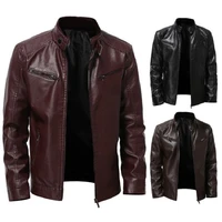 2021 spring and autumn high quality mens solid color stand up collar zipper pocket slim motorcycle long sleeve leather jacket