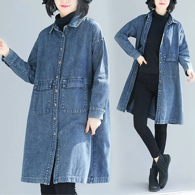 

Denim Trench Coat For Women Spring Autumn New Vintage Long Coat Female High Waist Vertical Breasted Mujer Chaqueta Jeans K181