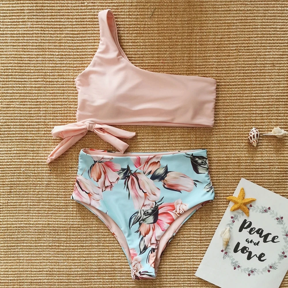 Купальник с высокой талией 2020 новый стиль купальник на одно плечо женский