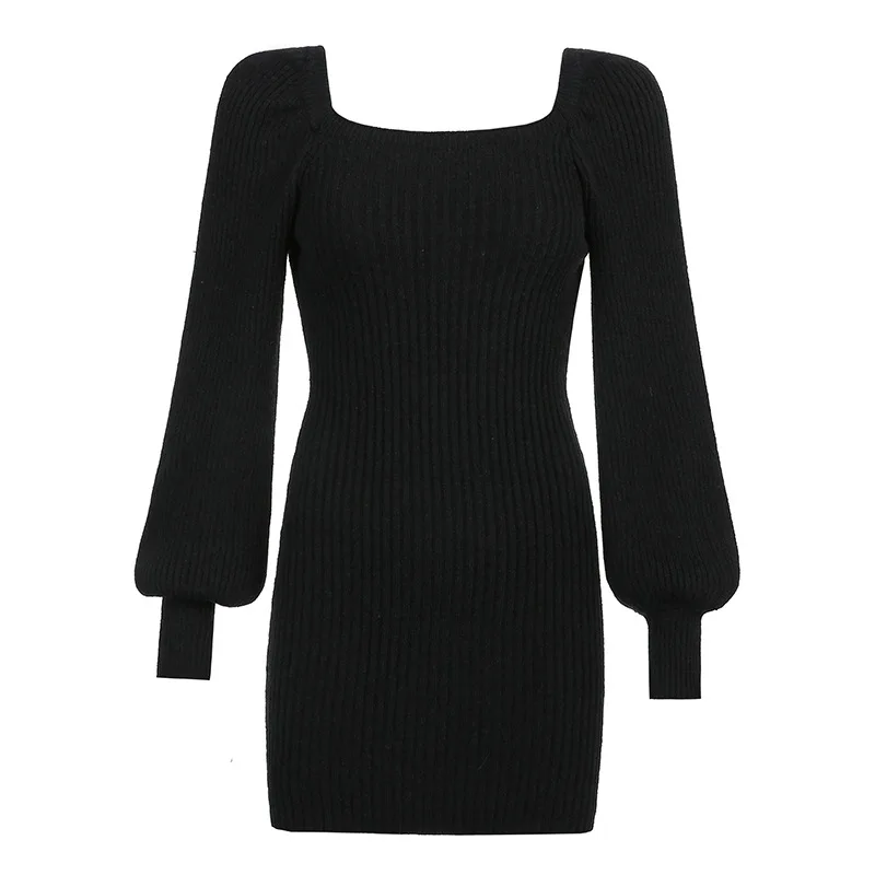 

Knitted skirt female 2021 new female skirt basic solid color square neck puff sleeve dress female waist bag hip skirt