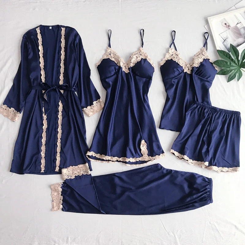 

New 5PCS Pyjamas Set Women Satin Lace Nightwear Navy Blue Pajamas Suit Spring Sleepwear Silky Sleep Wear Home Negligee