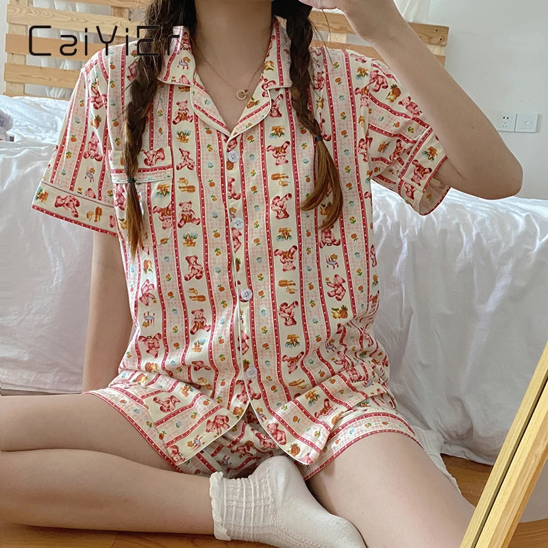 

CAIYIER Summer Women Bear Soft Pajamas Set Sweet Girl Cartoon Print Sleepwear Short Sleeve Shorts Nightwear Korea Homewear Suit