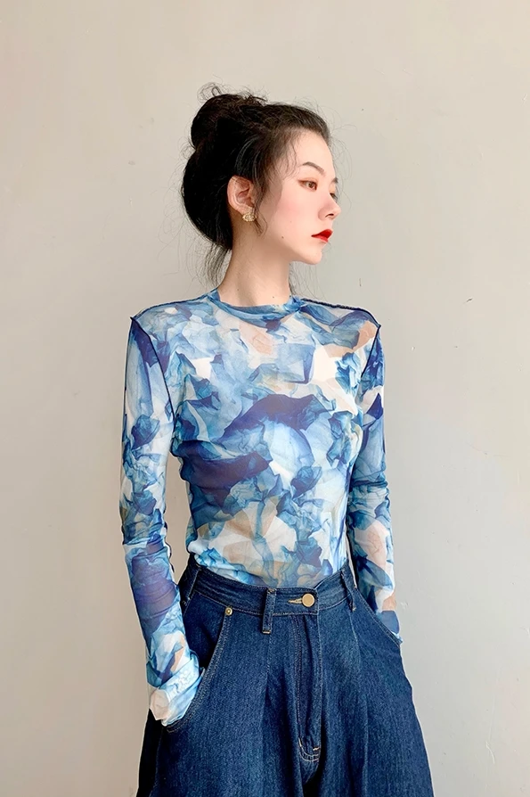 

CocoFlower Chic Design Sliming Tie-dyed Woman TShirt Long Sleeved TShirts Lady Pullover 2021 Party Birthday Festival Clothing