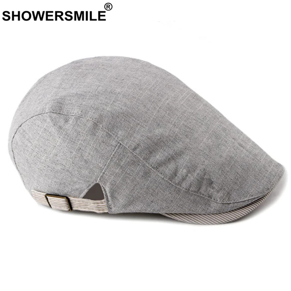 SHOWERSMILE Navy Cotton Linen Flat Cap for Men Summer Beret Man British Style Vintage Casual Baret Adjustable 55-60cm