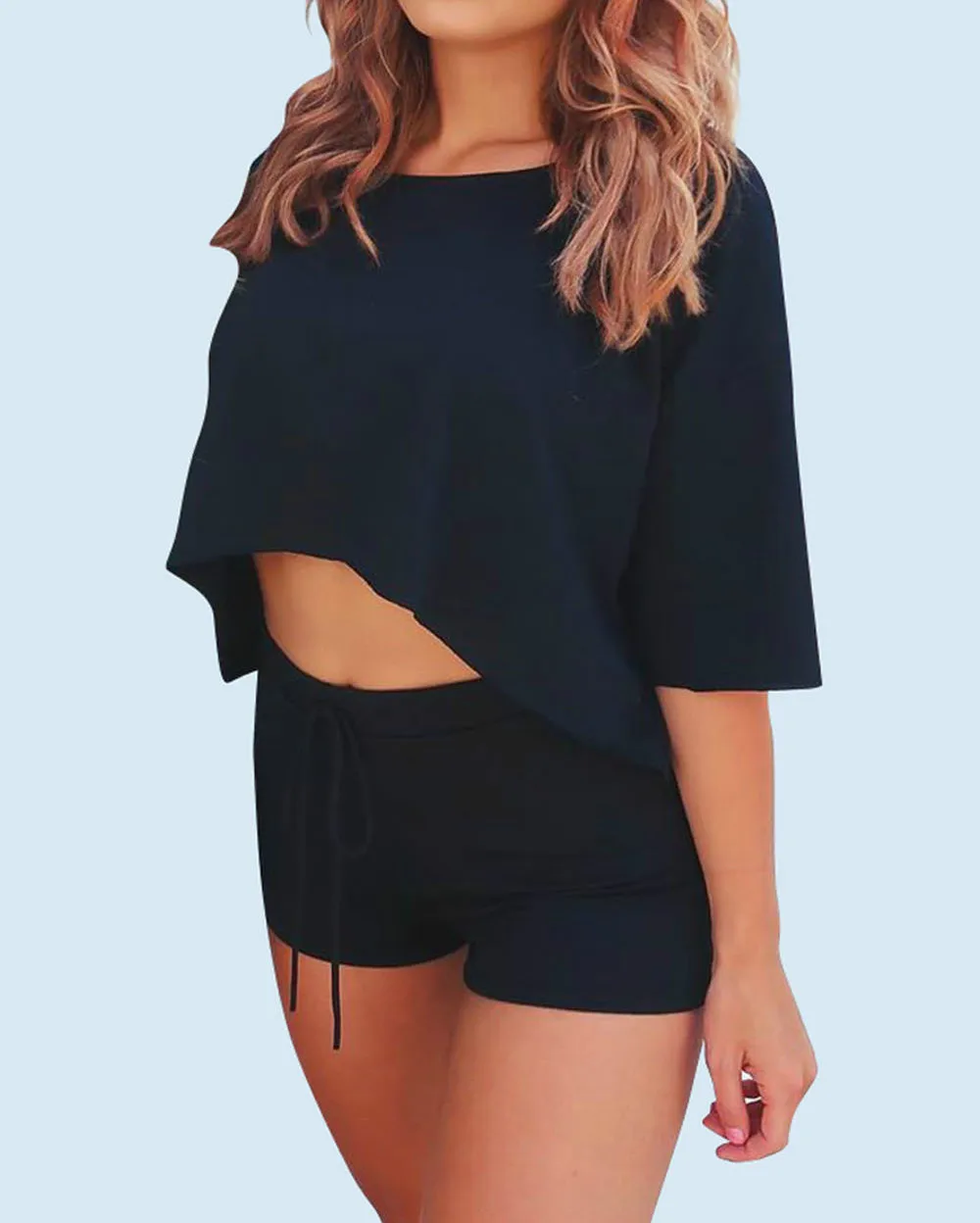 Новое поступление 2019 женские комплекты круглый вырез короткий рукав топы с