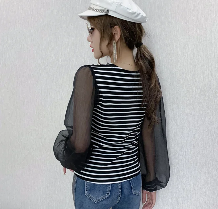 

Korean 2021 new fashion long sleeve mesh stitching lady tops elegant female casual shirt women T shirt