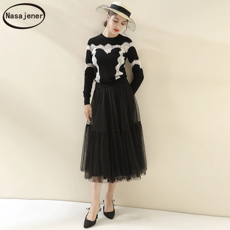 2019 Autumn Fashion Black Knitting Sweaters Women's Lace Splice Long Sleeve Elegant Vintage 100%Wool Pullovers Tops | Женская одежда