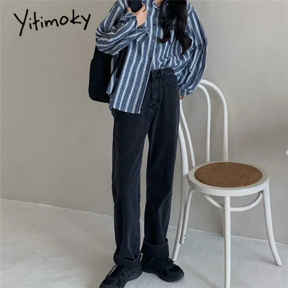 Yitimoky штаны новые джинсы для женщин в стиле бойфренд винтажные черные с высокой