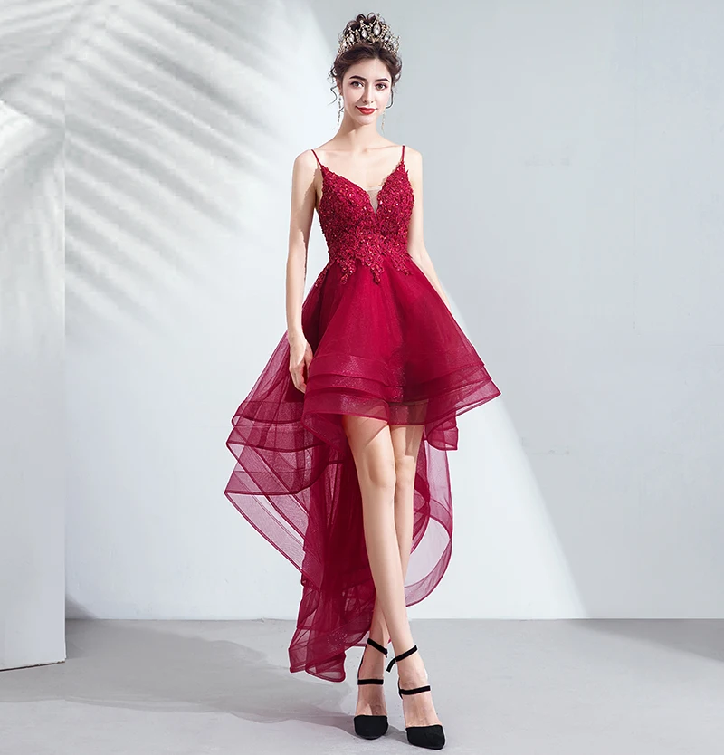 Женское коктейльное платье SSYFashion Бордовое с V образным вырезом коротким спереди
