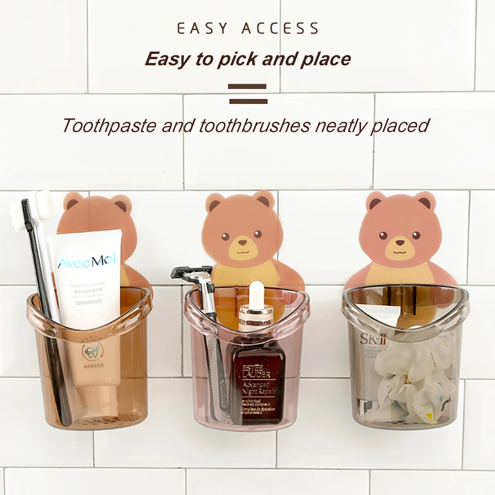 

Cartoon Bear Wall Mounted Toothbrush Holder Cup Punch Free Storage Rack Bathroom Supplies Organizer Bathroom Accessories