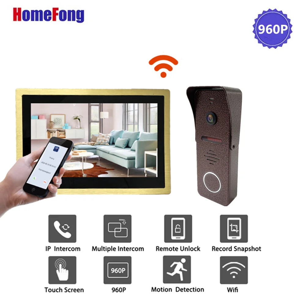 Gold Homefong 10 дюймов Wifi беспроводной видеодомофон дверной звонок умный видео домофонный дверной звонок Сигнализация 960P металлический корпус разблокировка запись - Color: Gold