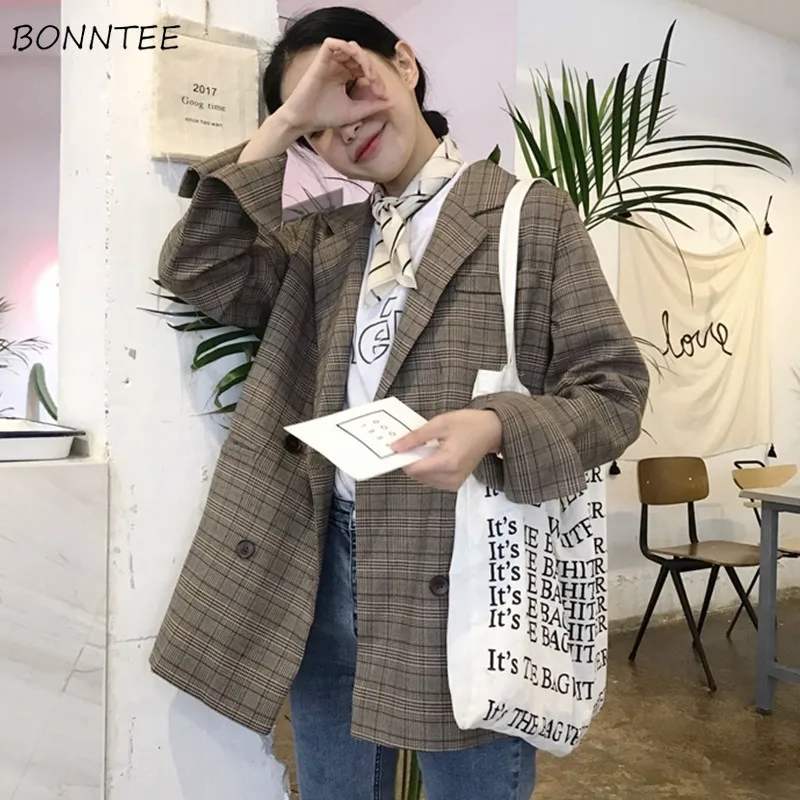 

Blazers Women Khaki Plaid Double Breasted Long Sleeve Elegant Loose Ladies Coat Leisure Chic Trendy Daily New Spring Autumn New