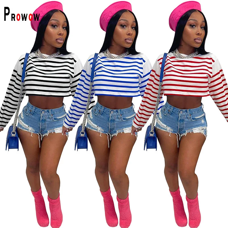 

Женские полосатые рубашки Prowow, повседневный короткий Стильный Топ, одежда для женщин, осенняя женская футболка с длинным рукавом и круглым ...
